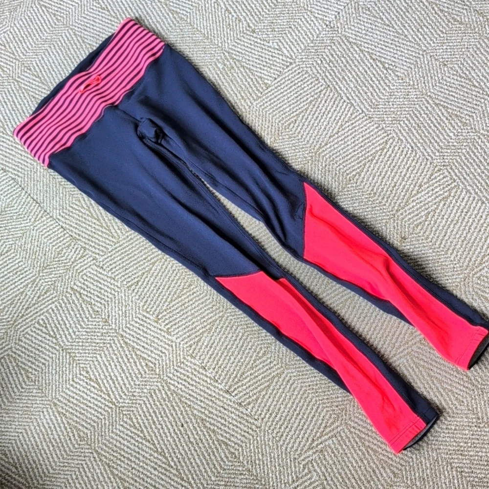 Lululemon Striped Navy Orange Pink Yoga Running Leggings Drawstring Waist 6 - Picture 2 of 11